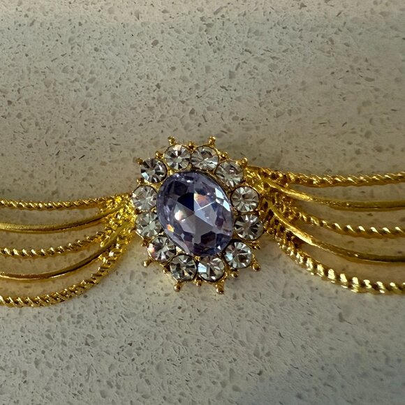 GOLD TONE NECKLACE WITH LAVENDER CRYSTALS - Picture 2 of 8